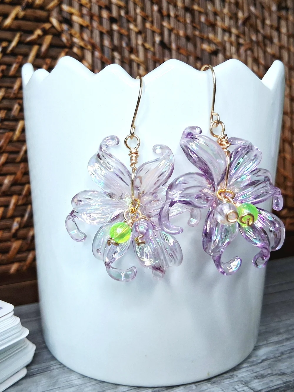 Iridescent Lavender Lily Flower Earrings with Gold Hooks